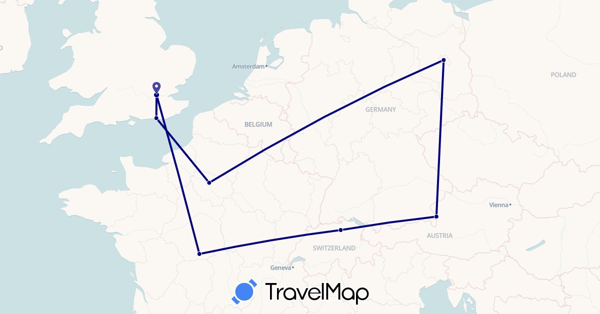 TravelMap itinerary: driving in Austria, Switzerland, Germany, France, United Kingdom (Europe)
