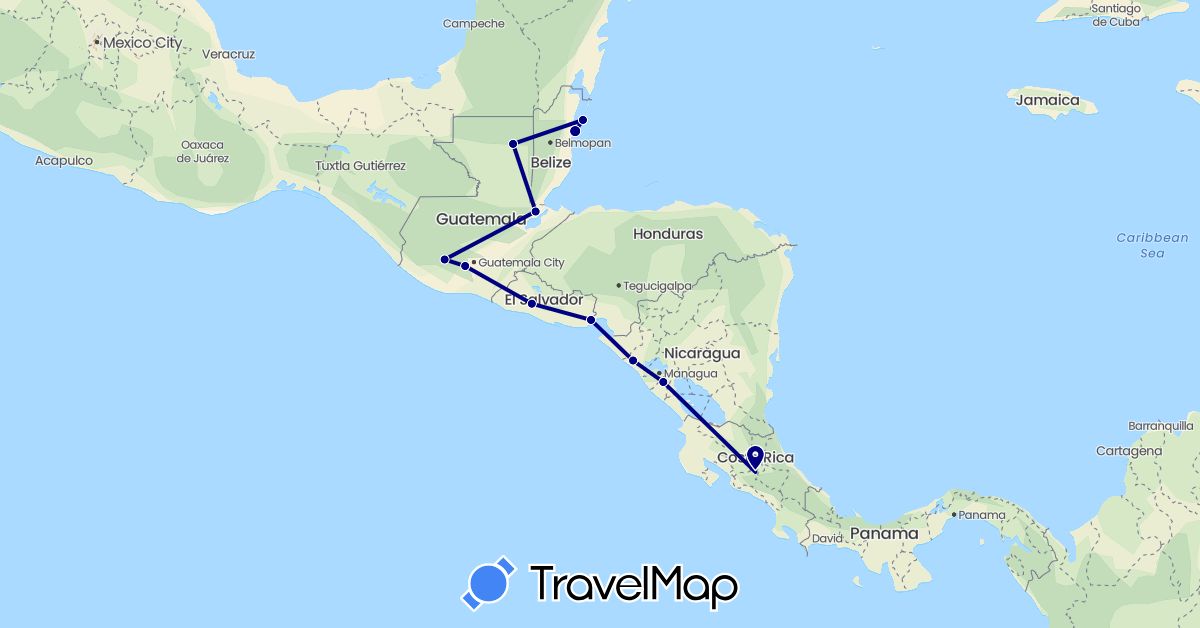 TravelMap itinerary: driving in Belize, Costa Rica, Guatemala, Nicaragua, El Salvador (North America)
