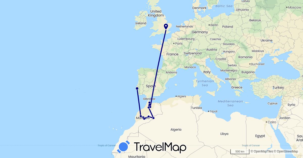 TravelMap itinerary: driving in United Kingdom, Morocco, Portugal (Africa, Europe)